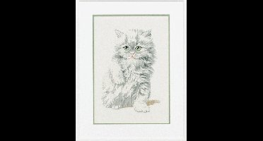 Pako Borduurpakket - telpatroon met codekaart - jong wit fluffy poesje - 235.235 - voorgesorteerd garen - Jobelan - 21 x 32 cm - DIY kit