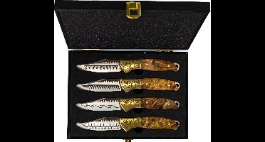 Homey's Schiffmacher 4-Delige Steakmessenset - 8cm - Wortelnotenhout - Tattoo Bedrukking - Giftbox