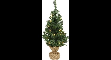 Kleine volle kerstboom in jute zak 75 cm - Kunst kerstbomen / kunstbomen- Met 35 Lampjes - Op Batterijen