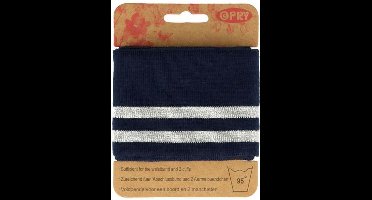 OPRY DONKER BLAUW MET METALLIC ZILVER STREEP BOORD EN MANCHETTEN ELASTISCH 6,5CM - 1,1M