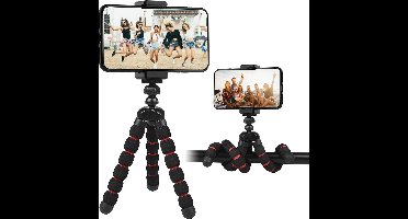 MOJOGEAR Flexibel mini-statief met schuimrubber poten - Tot 17 cm hoog - Inclusief telefoonhouder geschikt voor smartphones tot 8,4 cm breed - Zwart/Rood