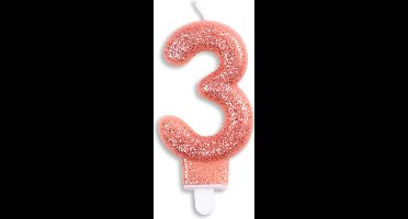 Wefiesta Cijferkaars 3 Glitter 7 Cm Wax Zalmroze