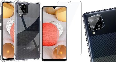 Hoesje geschikt voor Samsung Galaxy A42 - Transparant Shock Proof Cover Case + Screen Protector Glas + Camera Protector
