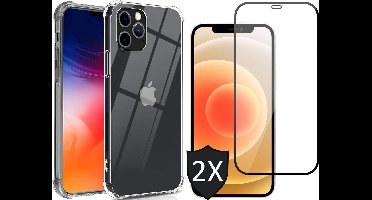 Hoesje geschikt voor iPhone 12 Pro - Transparant Siliconen Shockproof Case + 2x Screen Protector Glas Full