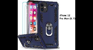 Hoesje Geschikt voor iPhone 12 Pro Max hoesje - Hardcase - Tough armor ring Donker Blauw + 2 stuks screenprotector