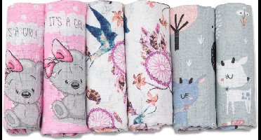 Hydrofiele Doeken - Hydrofiele Luiers - 70 x 80 cm - 6 pack - Roze- Grijs - Meisje - Standard 100 by Oeko-tex® - Fensilo