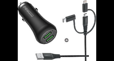Pro User Set 36W Dual auto USB lader  + 3-in-1 USB-kabel Zwart
