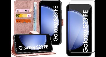 Hoesje geschikt voor Samsung Galaxy S23 FE - Screenprotector Glas - Portemonnee Book Case Rosegoud