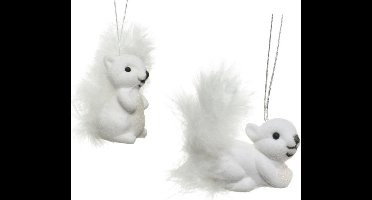 Decoris Eekhoorn kersthangers - 2x st - wit - 6 cm - kunststof - kerstversiering - kerstornamenten