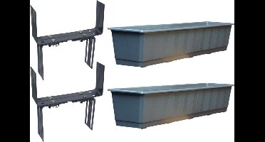 Set van 5 kunststof plantenbak antraciet grijs rechthoekig 80 cm met 10 verstelbare balkon/muurbeugels