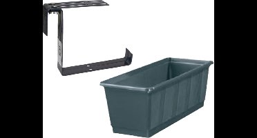 Kunststof plantenbak antraciet grijs rechthoekig 60 cm met 2 verstelbare railing beugels