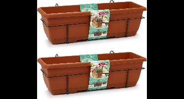 PlasticForte Balkonbak - 2x - terracotta bruin - 60 cm - plantenbak met hanger - bloembak