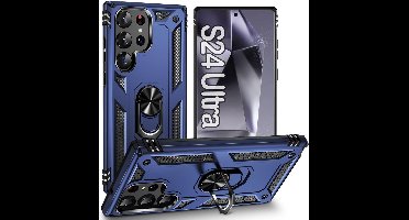Hoesje Geschikt voor Samsung Galaxy S24 Ultra hoesje Blauw Hybrid Armor Anti-Shock hoesje - Galaxy S24 Ultra 5G Hoesje kickstand Ring houder cover TPU backcover hoesje