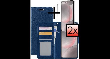 Hoesje - Met 2x Screenprotector - Geschikt voor Samsung Galaxy S24 - Luxe Pasjeshouder - Bookcase Portemonee - Flip Case - Kunstleer Book Case - Flipcase Hoes - Book Cover - Walletcase - Portemonneehoes - Donkerblauw
