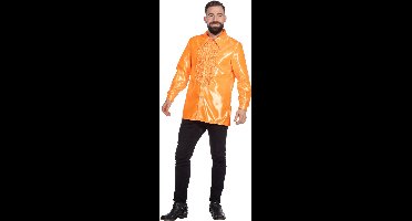 Jaren 80 & 90 Kostuum | Oranje Ruchesblouse Satijn Foute Disco | Maat 54 | Carnaval kostuum | Verkleedkleding