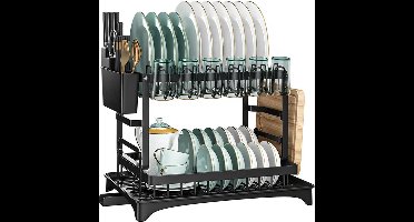 FEDEC Afdruiprek met lekbak - Afdruiprek 2 laags - Bestekbak - Metaal - Zwart