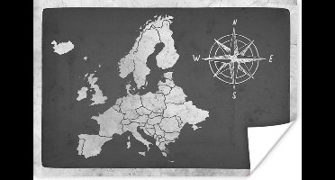 Poster Vintage Europakaart met windroos - zwart wit - 30x20 cm