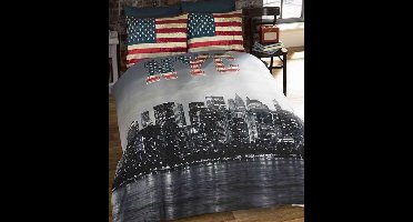 2-persoons dekbedovertrek (dekbed hoes) met skyline van de stad New York City en Amerikaanse vlag (rood / blauw met sterren) Stars and Stripes uit Amerika tweepersoons 200 x 200 cm (stoer beddengoed tienerkamer, cadeau idee Sint & Kerst!)