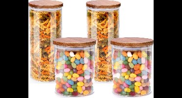 Alpina Voorraadpot/bewaarpot Foodking - 4-delige set - borosilicaat glas - 600/1250 ml - glas/hout