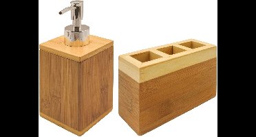 Badkameraccessoires set - bamboe hout - bruin - 2-delig - pompje + houder - 13 cm