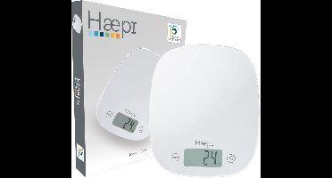 Haepi - Elektronische keukenweegschaal van hoogprecisie glas, 5000g/1g, tarrafunctie, vloeistoffunctie, modern en afgerond ontwerp, groot scherm en grote cijfers, batterijen inbegrepen
