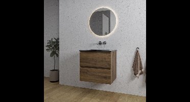 Saniclass Chaci Badkamermeubelset - 60x46x55cm - keramische wastafel zwart - 1 wasbak - zonder kraangat - 2 lades - ronde spiegel met verlichting - noten (hout)