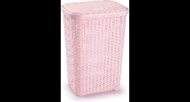Plasticforte Wasmand met deksel - 60 liter - lichtroze - rotan - kunststof - L35 x B43 x H62 cm