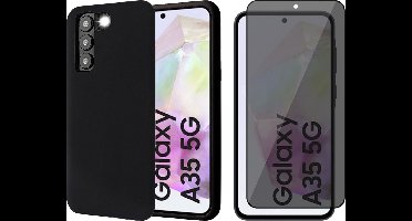 Hoesje geschikt voor Samsung Galaxy A35 - Privacy Screenprotector Volledig Dekkend Glas - Mat Back Case Zwart