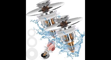 2 stuks wastafelstops, universele afvoerstop, pop-up ventiel, spoelbak, roestvrij staal, anti-verstoppingszeef voor opzetwastafel, badstop voor 26 tot 42 mm afvoergaten