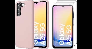 Hoesje geschikt voor Samsung Galaxy A25 / A24 - 2x Screenprotector Glas - Mat Back Case Roze