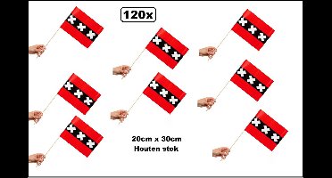 120x Zwaaivlaggetjes op houten stok Amsterdam 20cm x 30cm - Luxe zwaai vlaggetjes thema feest voetbal festival hoofdstad 020 uitdeel