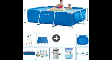 Intex Rechthoekig Frame Zwembad - 220 x 150 x 60 cm - Blauw - Inclusief Afdekzeil - Onderhoudspakket - Zwembadfilterpomp - Filter - Schoonmaakset - Ladder - Voetenbad - Vloertegels