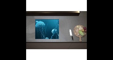 Inductieplaat Beschermer - Blauwe kwallen zwemmen door de zee heen - 59x50 cm - 2 mm Dik - Inductie Beschermer - Bescherming Inductiekookplaat - Kookplaat Beschermer van Zwart Vinyl
