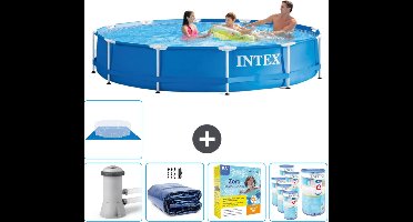 Intex Rond Frame Zwembad - 366 x 76 cm - Blauw - Inclusief Pomp Solarzeil - Onderhoudspakket - Filters - Grondzeil