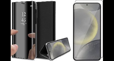 Hoesje geschikt voor Samsung Galaxy S24 Plus - Screenprotector Glas - Spiegel Book Case Zwart