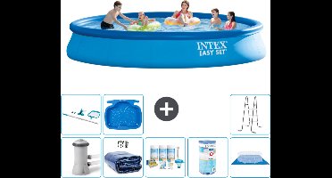 Intex Rond Opblaasbaar Easy Set Zwembad - 457 x 84 cm - Blauw - Inclusief Pomp Solarzeil - Onderhoudspakket - Filter - Grondzeil - Schoonmaakset - Ladder - Voetenbad
