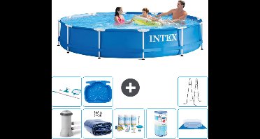 Intex Rond Frame Zwembad - 366 x 76 cm - Blauw - Inclusief Pomp Solarzeil - Onderhoudspakket - Filter - Grondzeil - Schoonmaakset - Ladder - Voetenbad