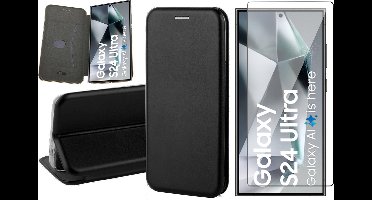 Hoesje geschikt voor Samsung Galaxy S24 Ultra - Screenprotector Volledig Dekkend Glas - Wallet Book Case Zwart
