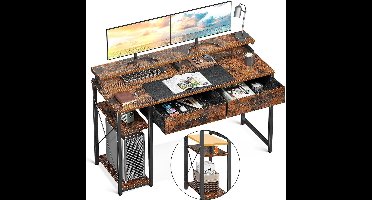 Stijlvol Computerbureau Met 2 Laden – 120 x 50 x 87 cm – Ruim Werkoppervlak Met Monitorstandaard – Opbergrek – Industrieel Design – Voor Thuis en Kantoor – Bruin