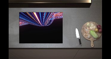Inductieplaat Beschermer - Abstracte Neonkleurige Lijnen - 70x51 cm - 2 mm Dik - Inductie Beschermer - Bescherming Inductiekookplaat - Kookplaat Beschermer van Zwart Vinyl
