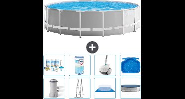 Intex Rond Prism Frame Zwembad - 457 x 122 cm - Grijs - Inclusief Pomp - Ladder - Grondzeil - Afdekzeil Onderhoudspakket - Filter - Stofzuiger - Voetenbad