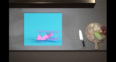 Inductieplaat Beschermer - Achteraanzicht van Roze Zweefvliegtuig tegen Felblauwe Achtergrond - 59x51 cm - 2 mm Dik - Inductie Beschermer - Bescherming Inductiekookplaat - Kookplaat Beschermer van Wit Vinyl
