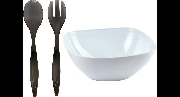 Plasticforte Salade/sla serveerschaal - wit - kunststof - D28 X H11 cm - met sla bestek - grijs - 29 cm