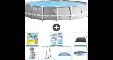 Intex Rond Prism Frame Zwembad - 457 x 107 cm - Grijs - Inclusief Pomp - Ladder - Grondzeil - Afdekzeil Onderhoudspakket - Filters - Solar Mat