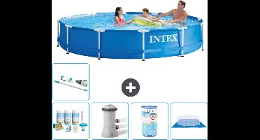 Intex Rond Frame Zwembad - 366 x 76 cm - Blauw - Inclusief Onderhoudspakket - Zwembadfilterpomp - Filter - Grondzeil - Stofzuiger