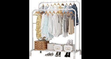 Sierra kledingrek wit metaal - Kleding rek metaal met kledinghangers - Kledingrek dubbel met schoenenrek - Opbergrek voor kleding - Garderoberek met 2 kledingstangen - Kledingrek met haken - Kledingrek/Garderoberek staand 153 x 110 x 33 CM