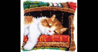 Vervaco - Knoopkussen kit - Slapende kat op boekenrek - PN-0149737 - Borduren - Borduurpakket - Borduurpakket volwassenen - Borduurpakket kind