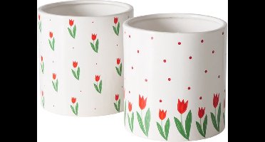 Vrolijke set bloempotjes van keramiek rode tulpjes