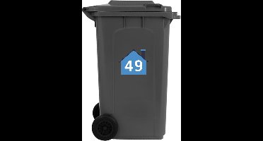 Containerstickers Huisnummer "49" - 25x21,5cm - Blauw Huis met Wit Nummer- Set van 4 dezelfde Vinyl Stickers - Klikostickers