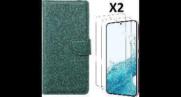 Hoesje Geschikt Voor Samsung Galaxy S23 Hoesje met Pasjeshouder - bookcase – Met 2x Screenprotector / gehard glas – Groen
